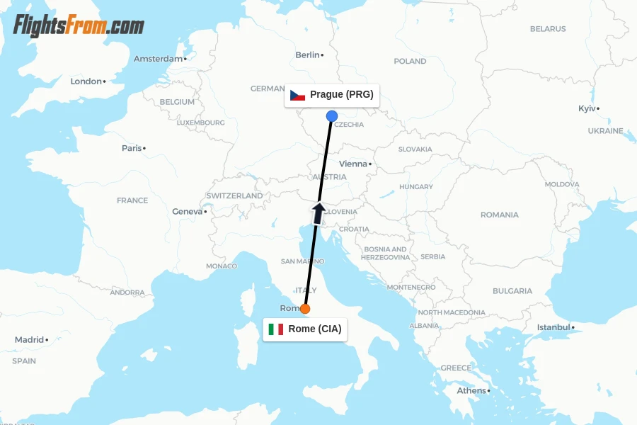 Flights from Rome to Prague route map