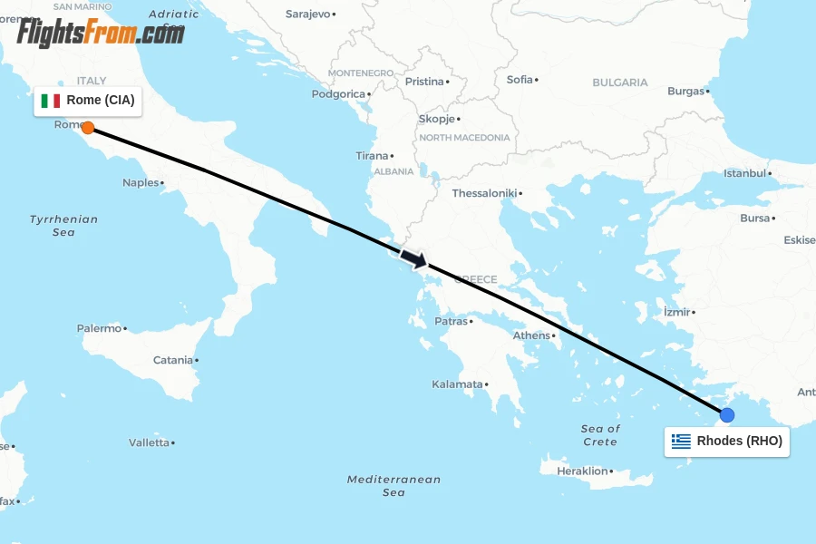 Flights from Rome to Rhodes route map