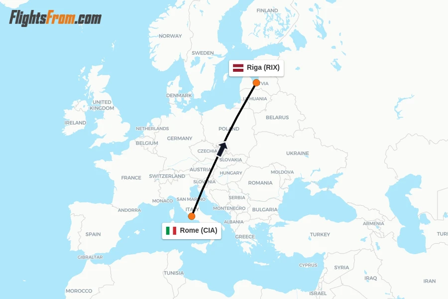 Flights from Rome to Riga route map