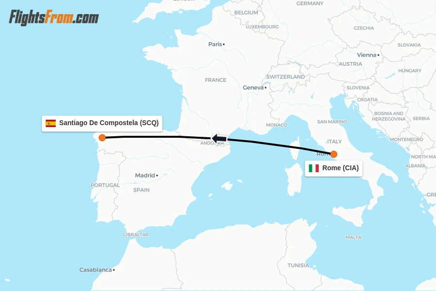 Flights from Rome to Santiago De Compostela route map