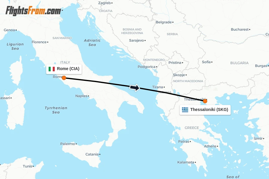 Flights from Rome to Thessaloniki route map