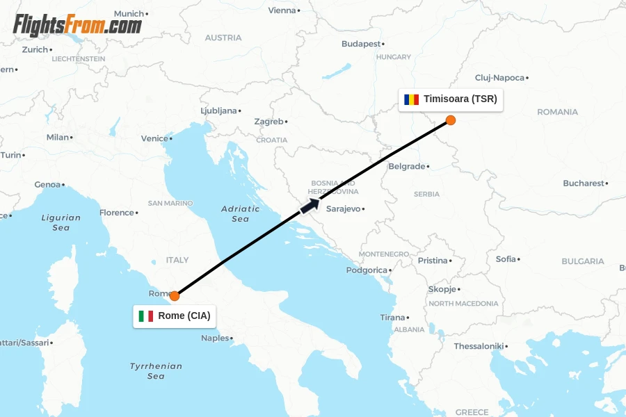 Flights from Rome to Timisoara route map