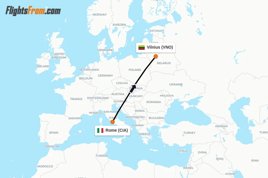 Flights from Rome to Vilnius route map