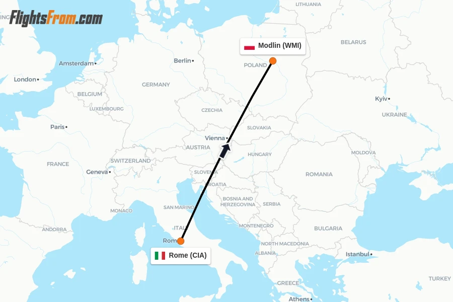 Flights from Rome to Modlin route map