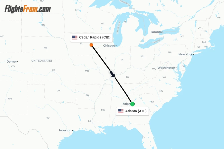 Flights from Cedar Rapids to Atlanta route map