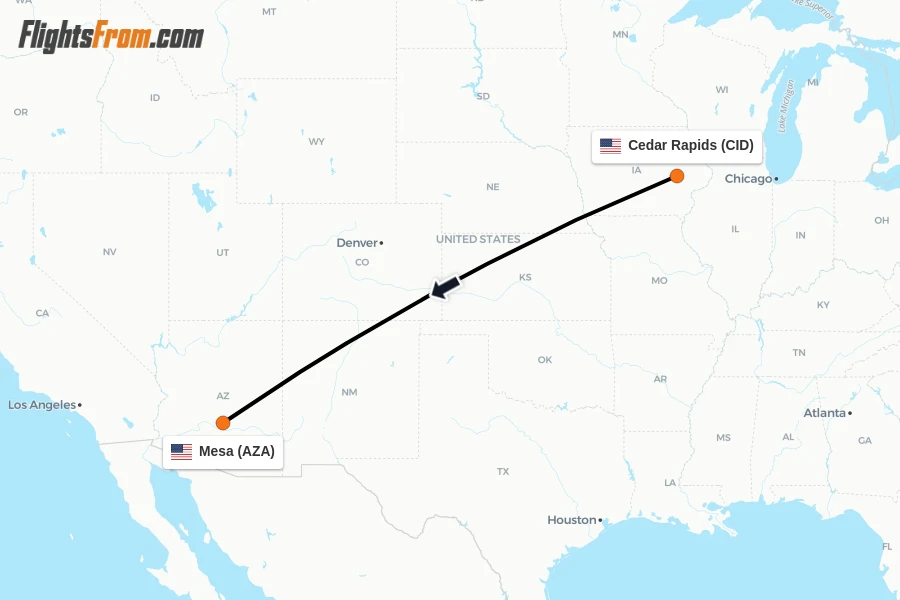 Flights from Cedar Rapids to Mesa route map