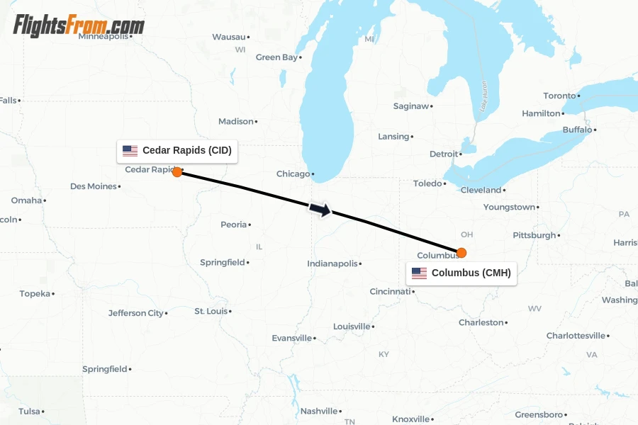 Flights from Cedar Rapids to Columbus route map