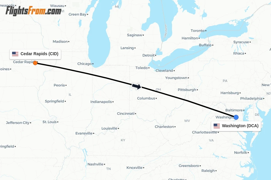 Flights from Cedar Rapids to Washington route map