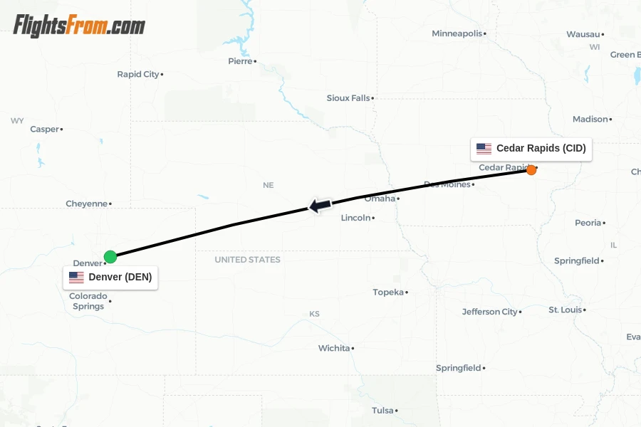 Flights from Cedar Rapids to Denver route map