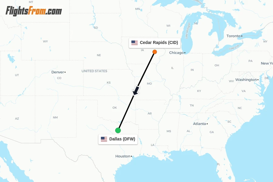 Flights from Cedar Rapids to Dallas route map