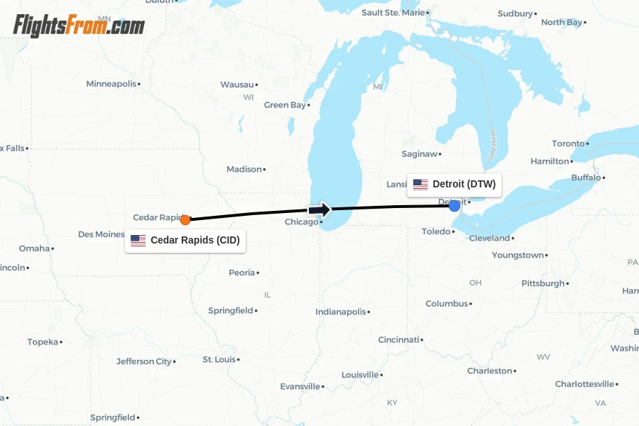 Flights from Cedar Rapids to Detroit route map