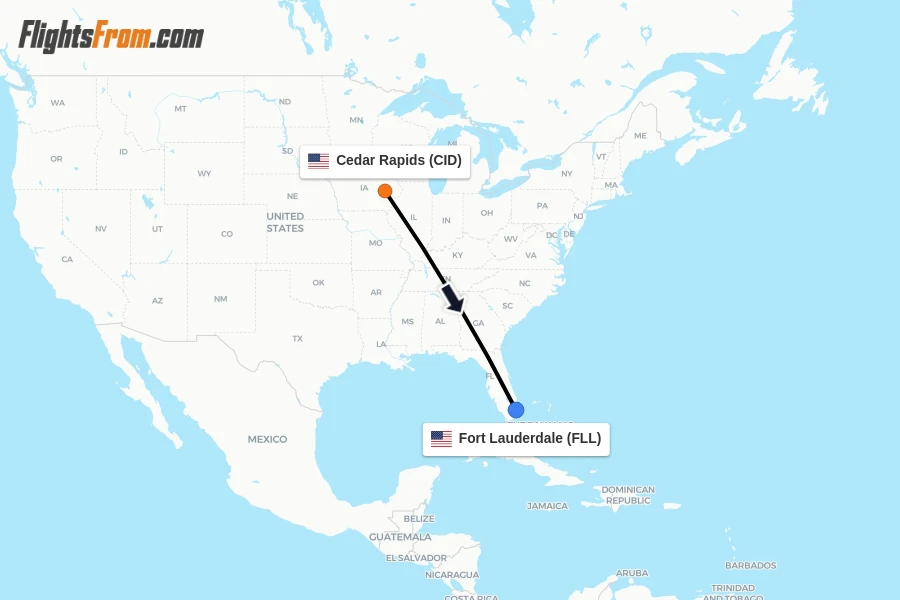 Flights from Cedar Rapids to Fort Lauderdale route map