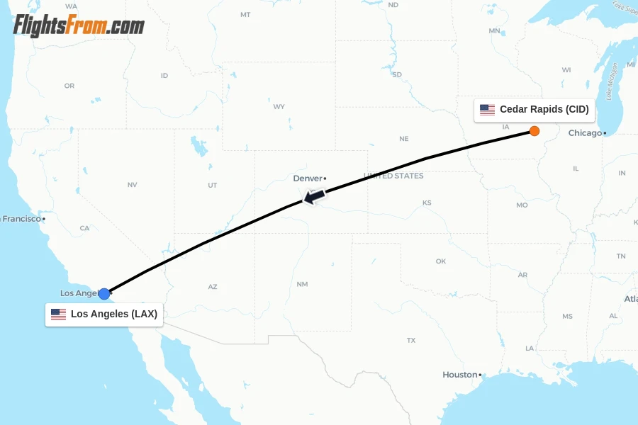 Flights from Cedar Rapids to Los Angeles route map
