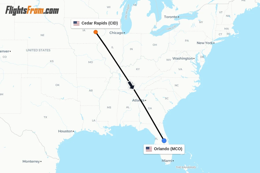 Flights from Cedar Rapids to Orlando route map