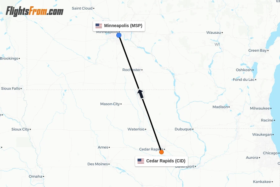 Flights from Cedar Rapids to Minneapolis route map