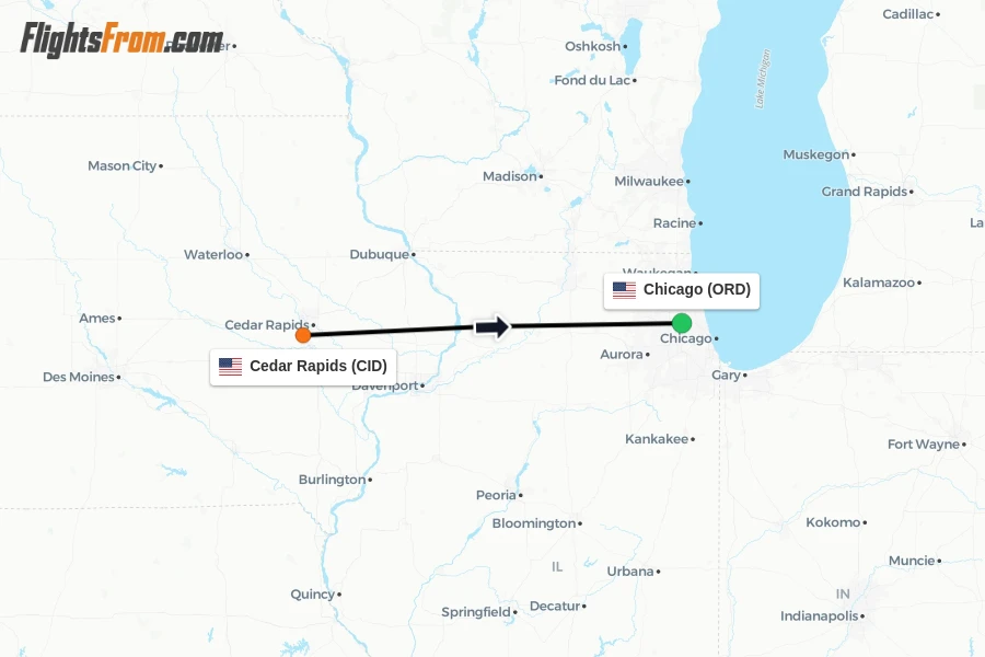 Flights from Cedar Rapids to Chicago route map