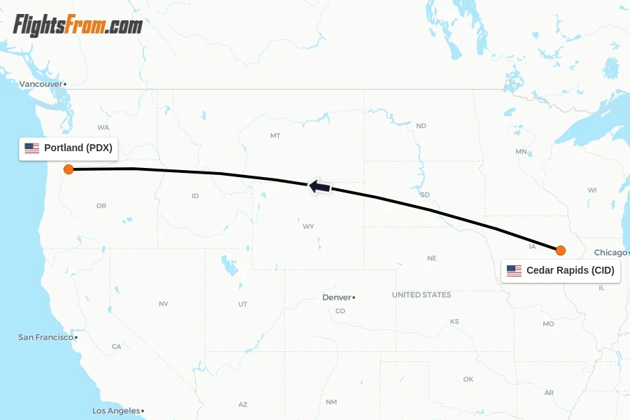 Flights from Cedar Rapids to Portland route map