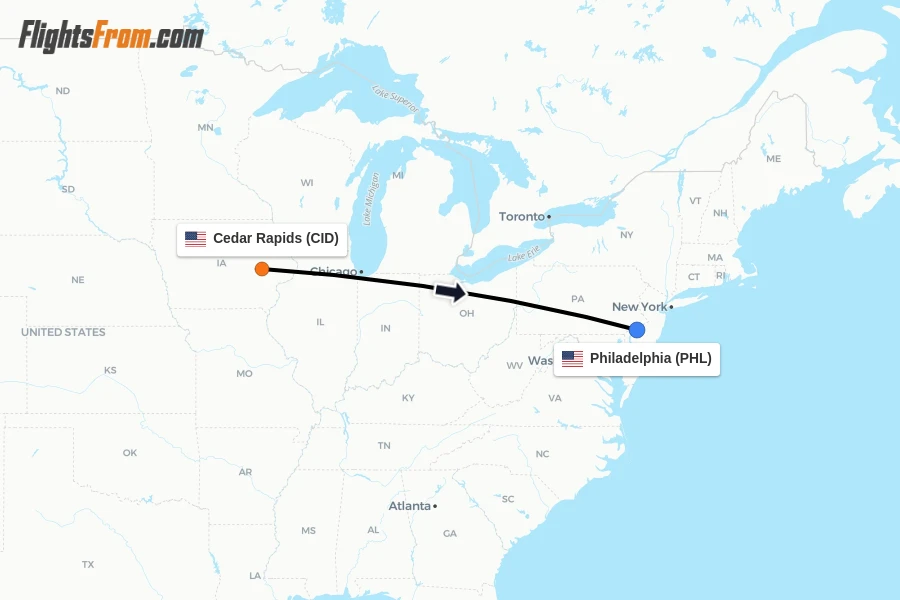 Flights from Cedar Rapids to Philadelphia route map