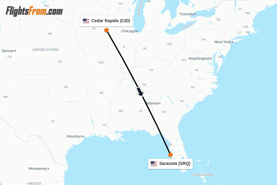Flights from Cedar Rapids to Sarasota route map