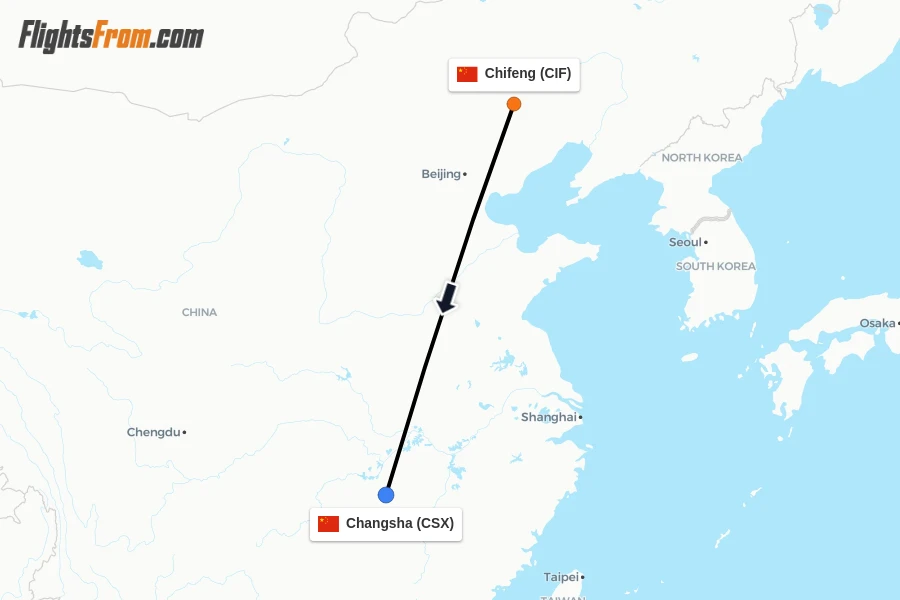 Flights from Chifeng to Changsha route map
