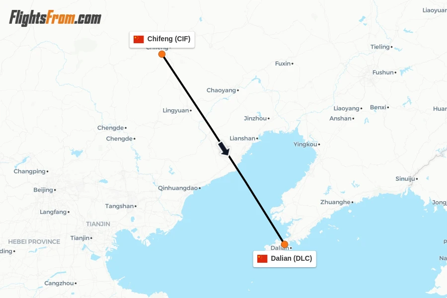 Flights from Chifeng to Dalian route map