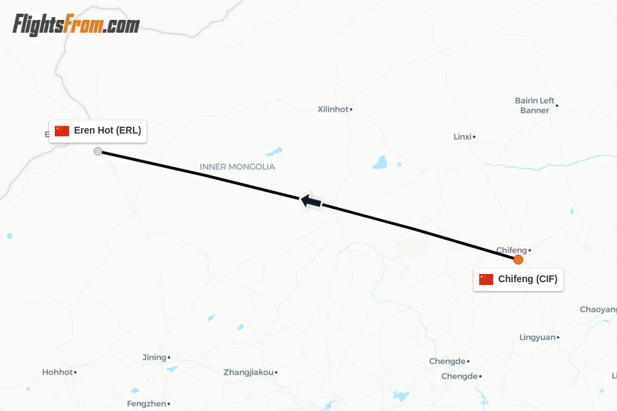 Flights from Chifeng to Eren Hot route map