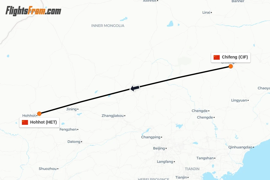 Flights from Chifeng to Hohhot route map