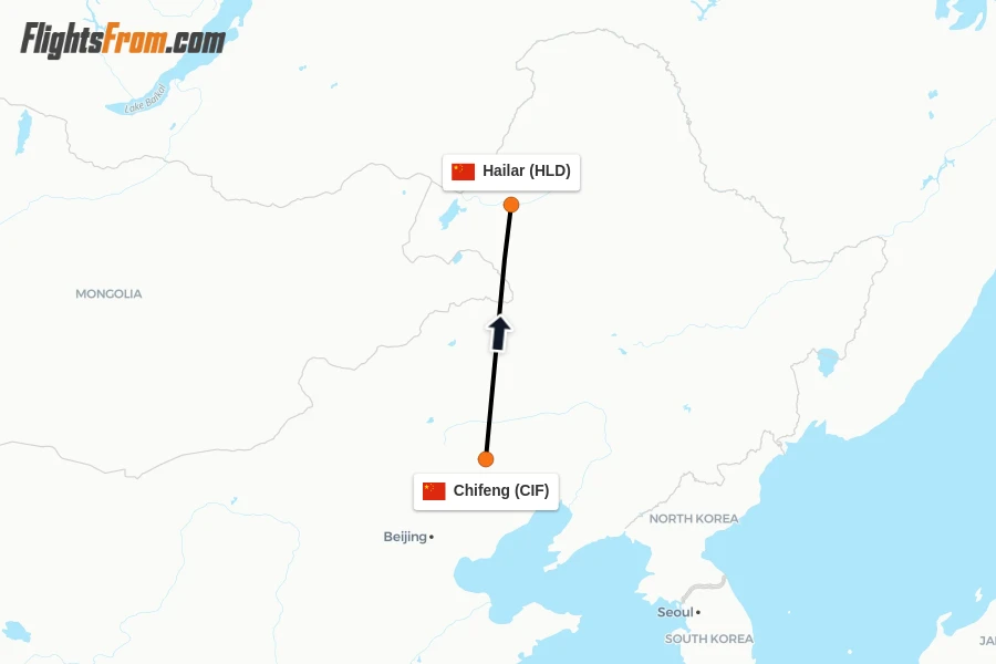 Flights from Chifeng to Hailar route map