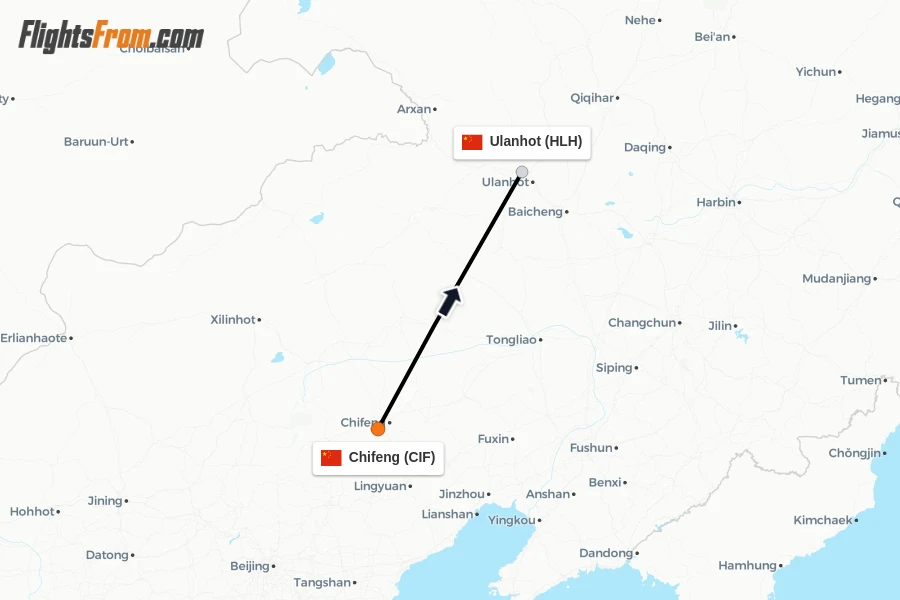 Flights from Chifeng to Ulanhot route map