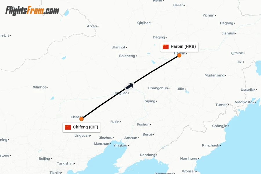 Flights from Chifeng to Harbin route map