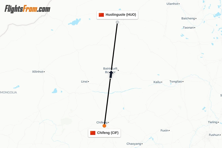 Flights from Chifeng to Huolinguole route map