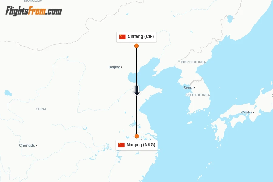 Flights from Chifeng to Nanjing route map