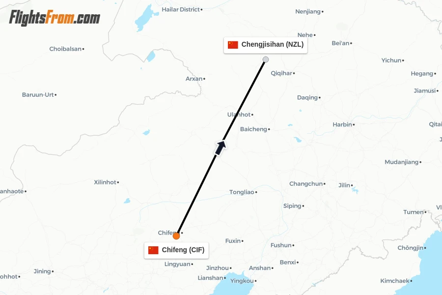 Flights from Chifeng to Chengjisihan route map