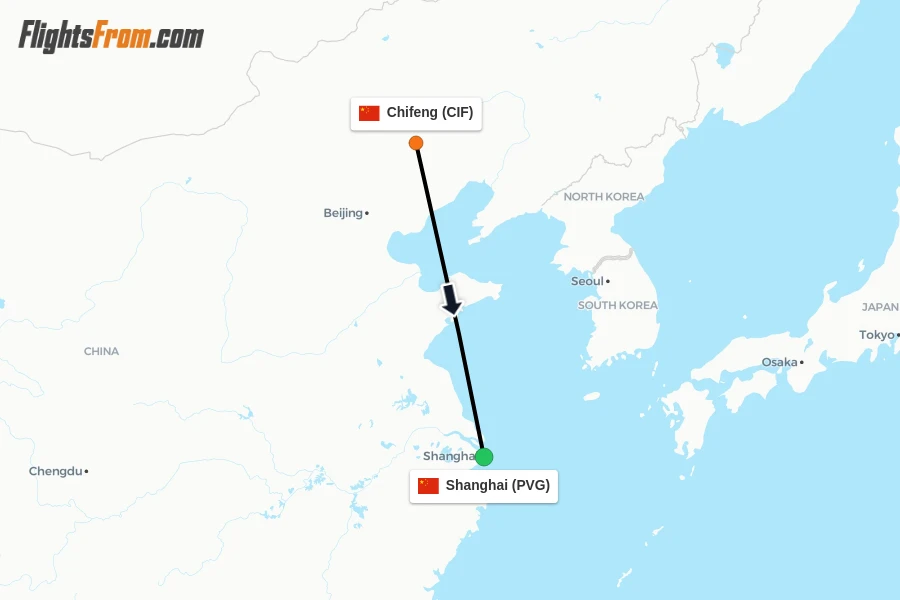 Flights from Chifeng to Shanghai route map