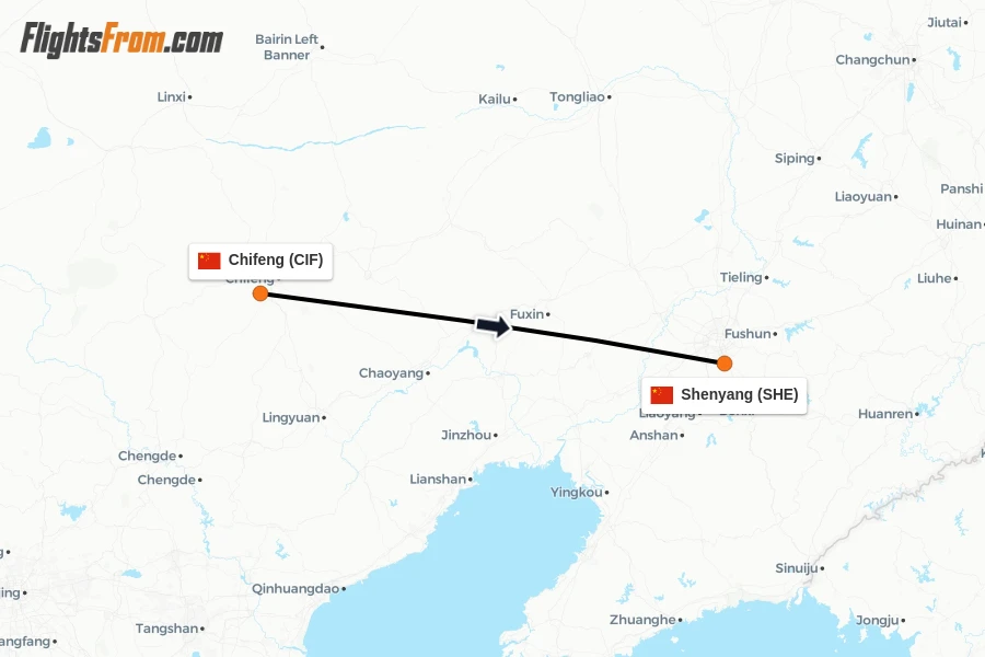Flights from Chifeng to Shenyang route map