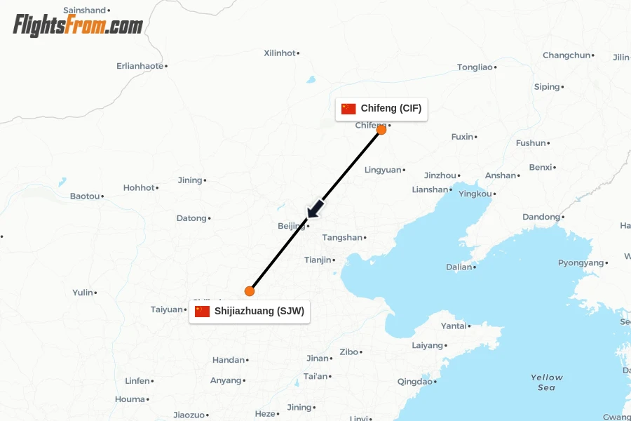 Flights from Chifeng to Shijiazhuang route map