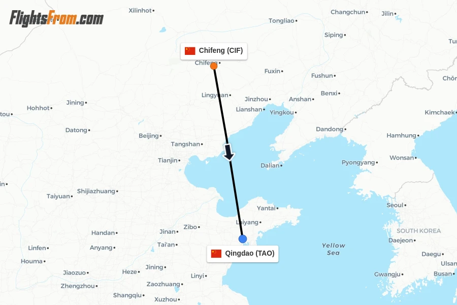 Flights from Chifeng to Qingdao route map