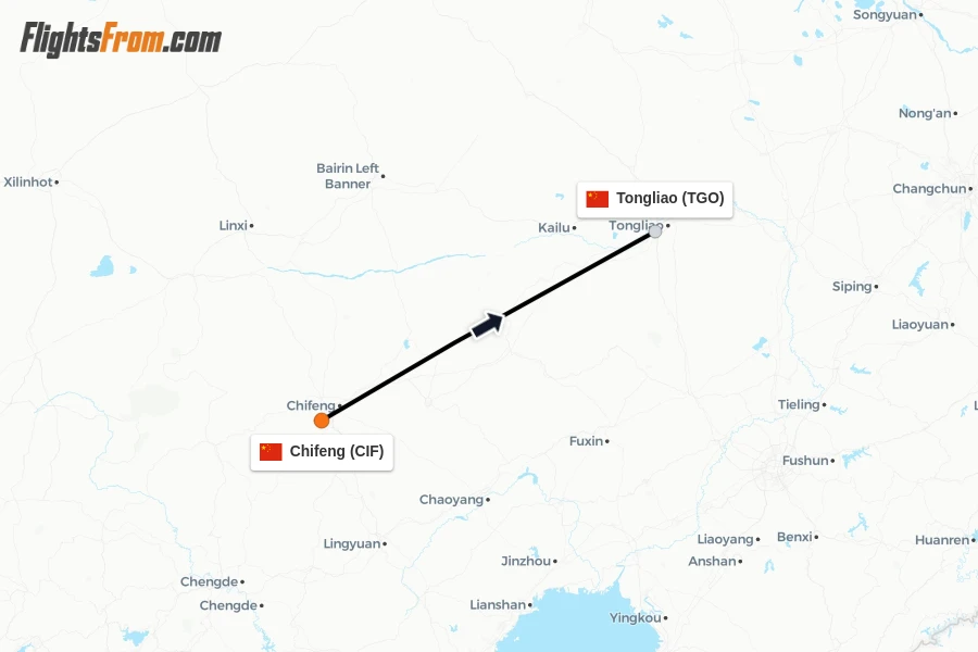 Flights from Chifeng to Tongliao route map