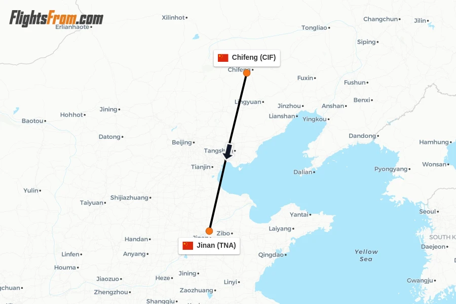Flights from Chifeng to Jinan route map