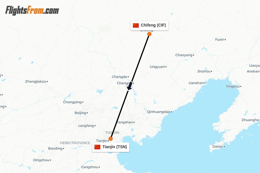 Flights from Chifeng to Tianjin route map
