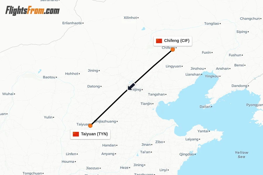Flights from Chifeng to Taiyuan route map