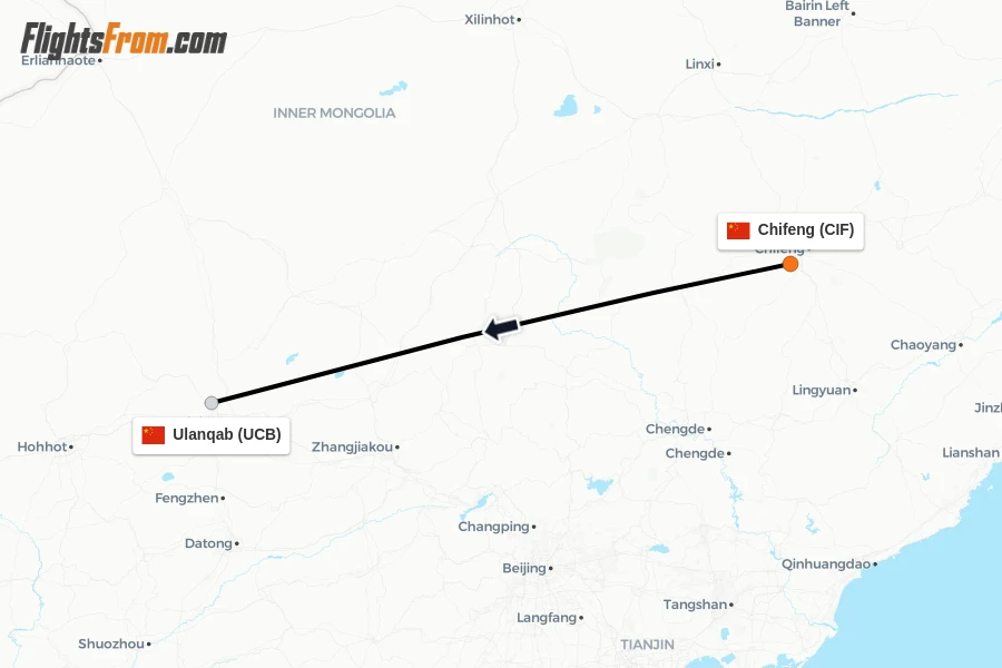Flights from Chifeng to Ulanqab route map