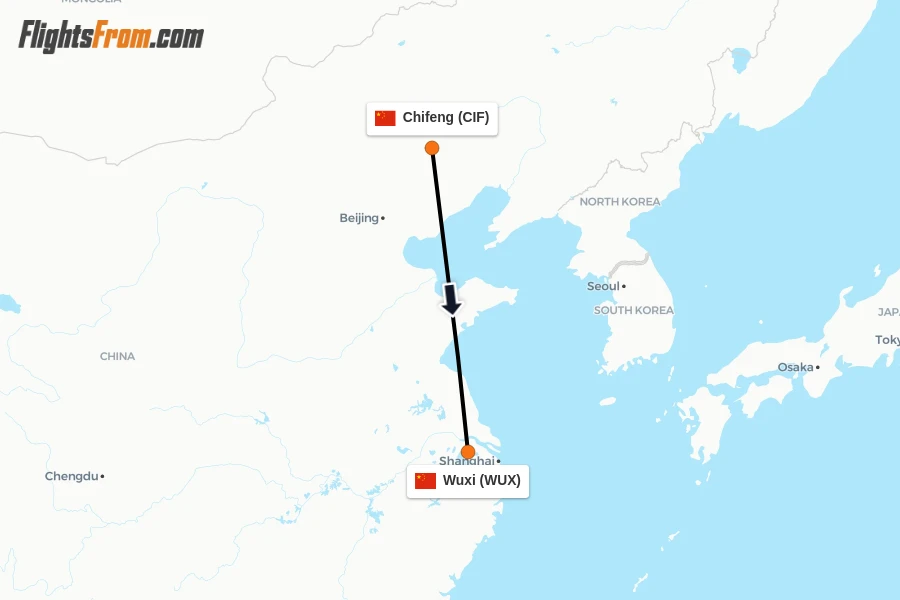 Flights from Chifeng to Wuxi route map