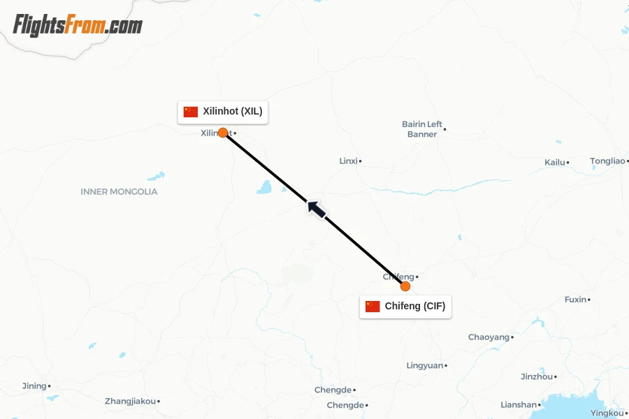 Flights from Chifeng to Xilinhot route map