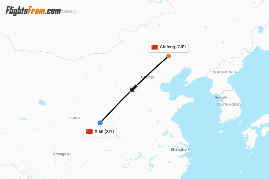 Flights from Chifeng to Xian route map