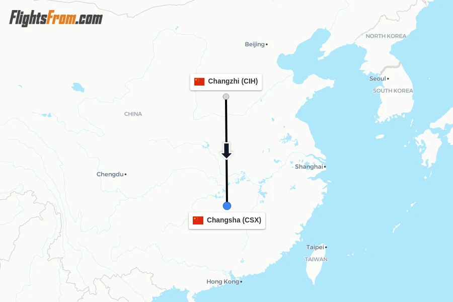 Flights from Changzhi to Changsha route map