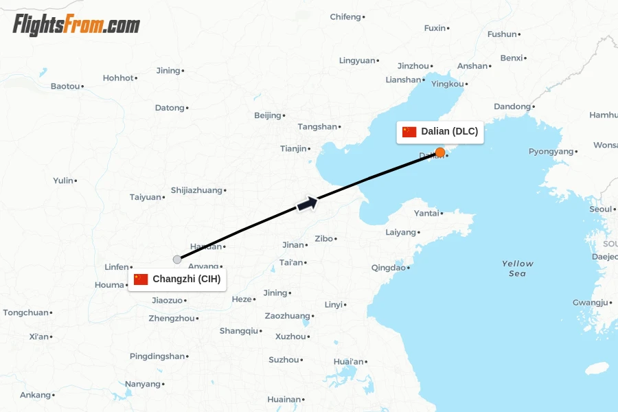 Flights from Changzhi to Dalian route map