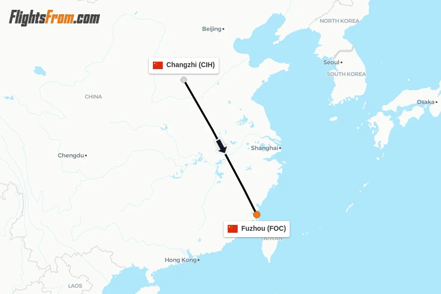 Flights from Changzhi to Fuzhou route map