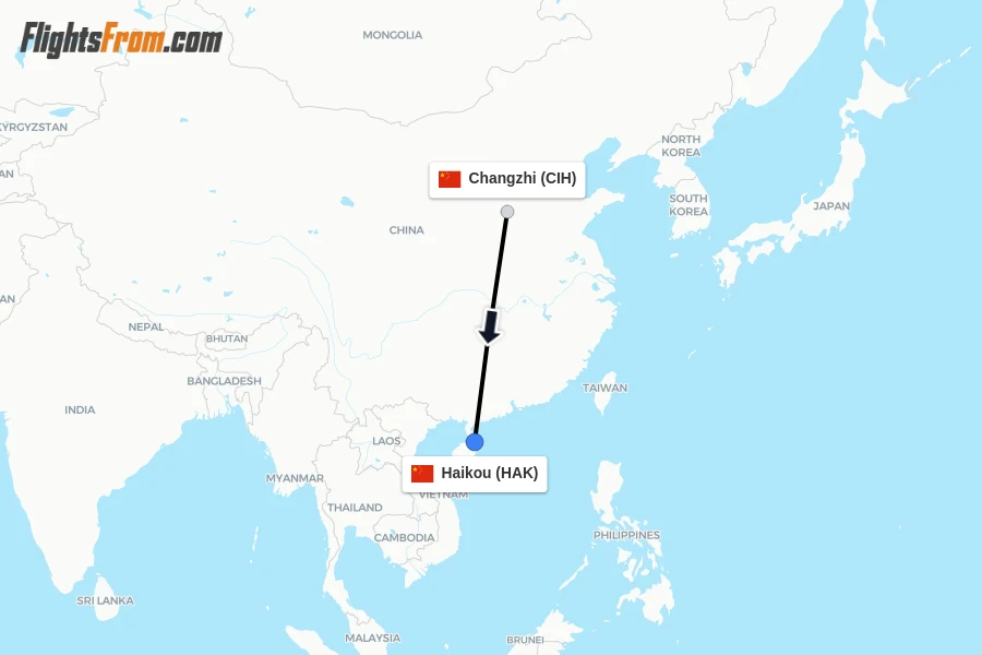 Flights from Changzhi to Haikou route map