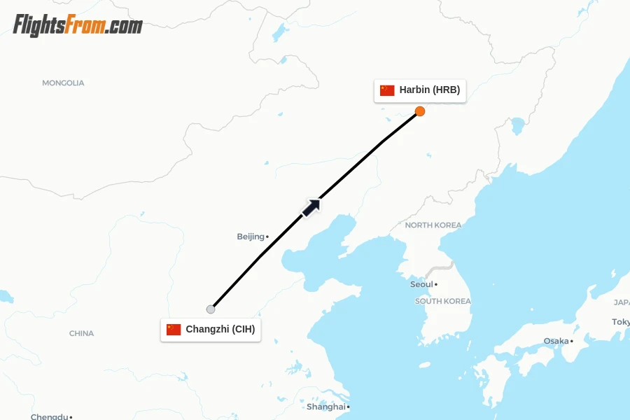 Flights from Changzhi to Harbin route map